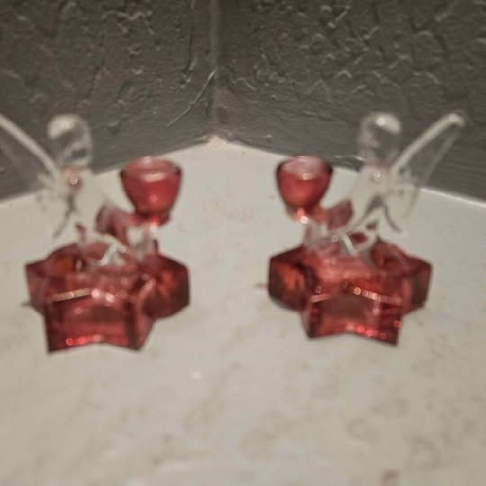 L E Smith Cranberry Glass Angel Candlestick Candle Holders Set of 2  2.5"x 2"